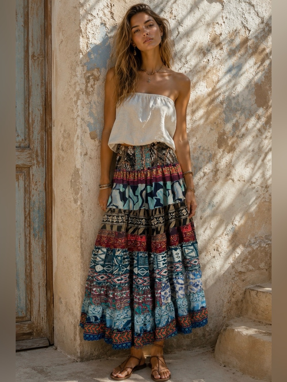 Recycled Silk Blend Floral Patchwork Tiered Ruffle Skirt Free Size Gypsy Boho